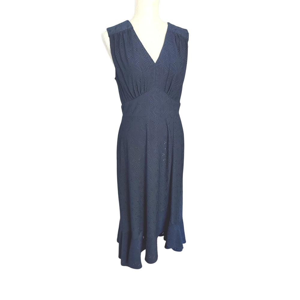 London Times Eyelet Dress Womens 8 Navy Blue High Low Retro Sleeveless Fit Flare